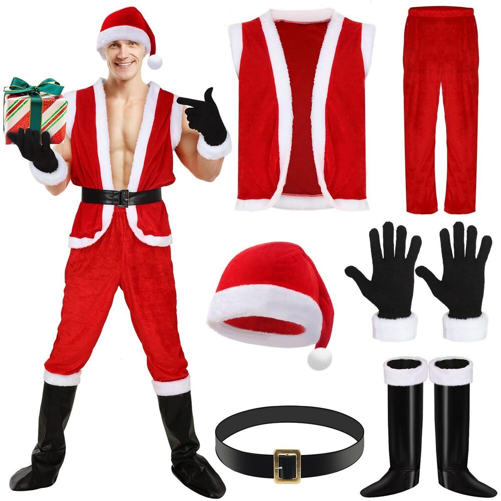 7752 6 Pcs Santa Claus Costume Christmas Santa Outfit Vest Tops Santa Hat
